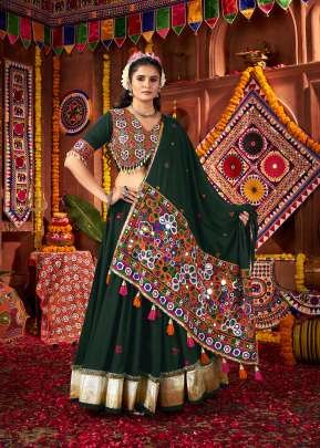 Exclusive Navratri Heavy Collection Viscose Cotton And Thread With Mirror And Lampi Bordering Chaniya Choli Green Color 