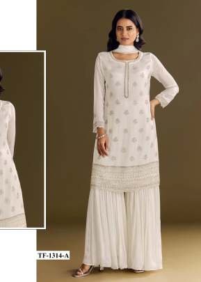 Exclusive Palazzo Suits heavy Airtex Chinnon With Embroidery And Wits Work White Color 