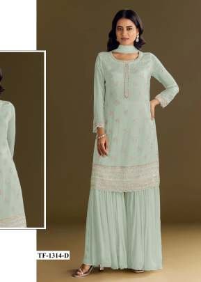 Exclusive Palazzo Suits heavy Airtex Chinnon With Embroidery And Wits Work White Light Green Color 
