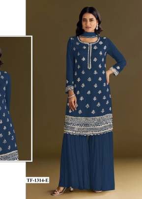 Exclusive Palazzo Suits heavy Airtex Chinnon With Embroidery And Wits Work Blue Color 