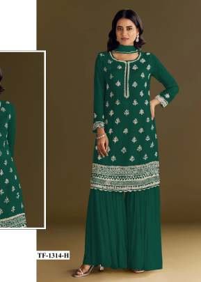Exclusive Palazzo Suits heavy Airtex Chinnon With Embroidery And Wits Work Green Color 