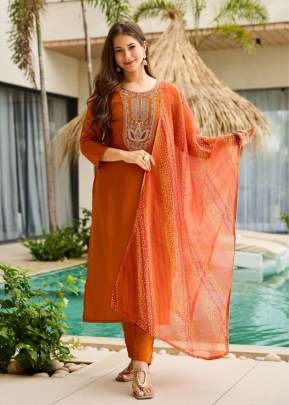 Exclusive Party Wear Collection 3 pieces Set Rayon Embroidered Straight Kurta With Pant And Dupatta Sets Orange Color 