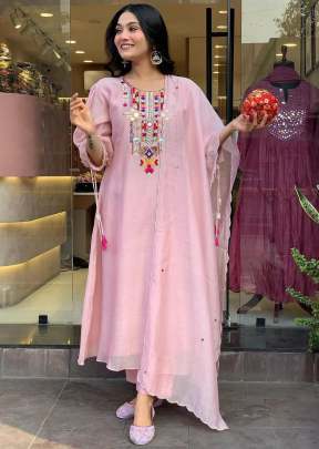Exclusive Premium Chanderi lightweight With Mirror Work Embroidery 3 Piece Kurti Sets Light Pink Color 