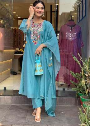 Exclusive Premium Chanderi lightweight With Mirror Work Embroidery 3 Piece Kurti Sets Sky Blue Color 