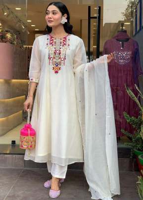 Exclusive Premium Chanderi lightweight With Mirror Work Embroidery 3 Piece Kurti Sets White Color 