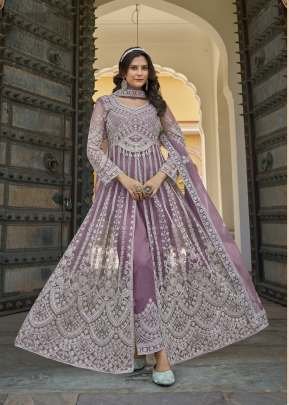 Exclusive Pure Butterfly Net With Heavy Embroidery Work And Diamond Work Anarkali Gown Light Purple Color DN 3102