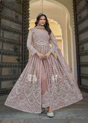 Exclusive Pure Butterfly Net With Heavy Embroidery Work And Diamond Work Anarkali Gown Peach Color DN 3102
