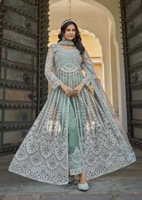 Exclusive Pure Butterfly Net With Heavy Embroidery Work And Diamond Work Anarkali Gown Pastel Green Color DN 3102