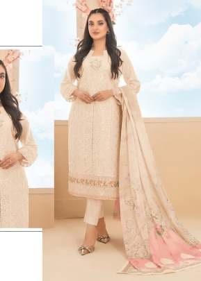 Exclusive Pure Cambric Cotton With Embroidered Sequence Work Pakistani Suit Cream Color DN 914