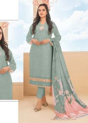 Exclusive Pure Cambric Cotton With Embroidered Sequence Work Pakistani Suit Sea Green Color DN 914