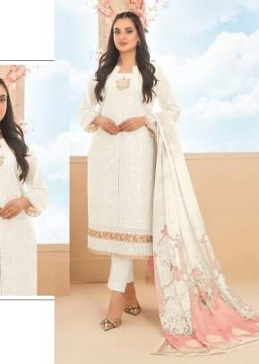 Exclusive Pure Cambric Cotton With Embroidered Sequence Work Pakistani Suit White Color DN 914