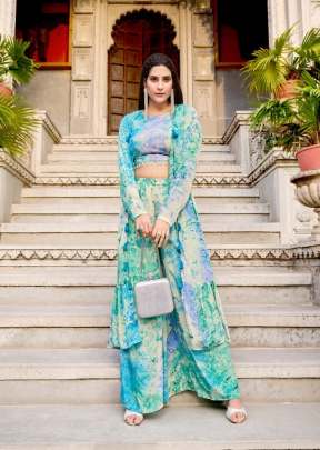 Exclusive Silk Embroidered Stitched Koti Style Crop Top Co-Ords Palazzo Suit Sky Color DN 4951