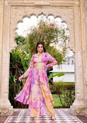 Exclusive Silk Embroidered Stitched Koti Style Crop Top Co-Ords Palazzo Suit Purple Color DN 4953