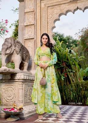 Exclusive Silk Embroidered Stitched Koti Style Crop Top Co-Ords Palazzo Suit Floracance Green Color DN 4954