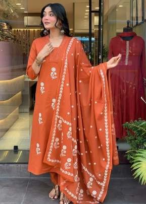 Exclusive Tanvi Cotton Blend And Sequence With Embroidery Work 3 pieces Kurtis Set Orange Color 