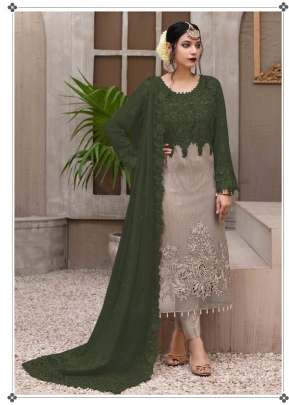 Exclusive Trending Heavy Faux Georgette With Embroidery Sequence Work Pakistani Suit Mehndi Color DN 9109