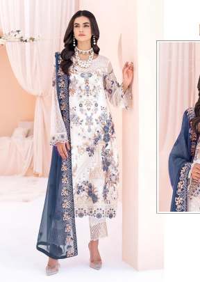 Exclusive Trending Heavy Faux Georgette With Embroidery Sequence Work Pakistani Suit White And Blue Color DN 1042