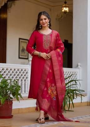 Exclusive Viscose Chanderi With Embroidered Beads Work 3 Piece Kurti Set Red Color DN 23
