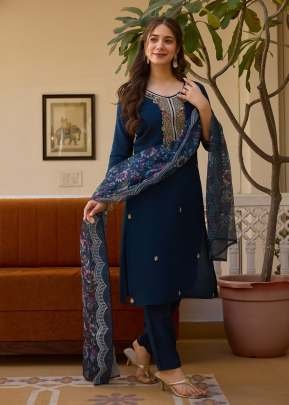 Exclusive Viscose Chanderi With  Embroidared Beads Work 3 piece Kurtis Set Blue Color DN 21