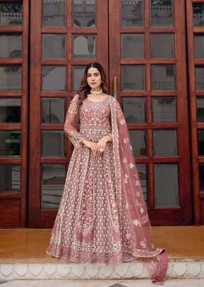 Exclusively Designed Festive Pure Butterfly Net With Stone And Real Mirror Work Anarkali Gown Peach Color DN 3103