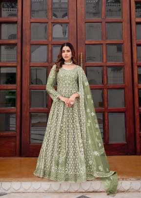 Exclusively Designed Festive Pure Butterfly Net With Stone And Real Mirror Work Anarkali Gown Pista Green Color DN 3103