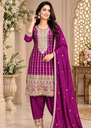   Exclusively Festive And Heavy Chinon Silk  With  Codding Embroidery Work Salwar Suit Magenta Color DN 1001