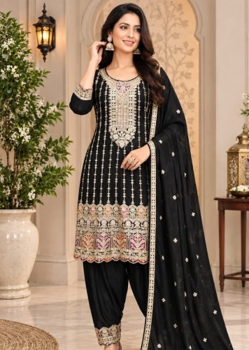   Exclusively Festive And Heavy Chinon Silk  With  Codding Embroidery Work Salwar Suit Black Color DN 1001