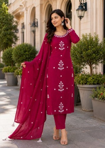  Exclusively Readymade Suits And Party Wear Collection  Heavy Slub Rayon With Embroidery Work Magenta Color LFH YD DN 059