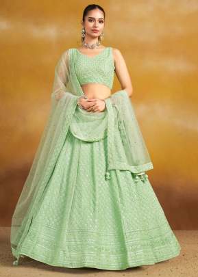 Expensive And Beautifully Designed Georgette With Sequins And Thread Embroidery Lehenga Choli Mint Green Color DN 1012