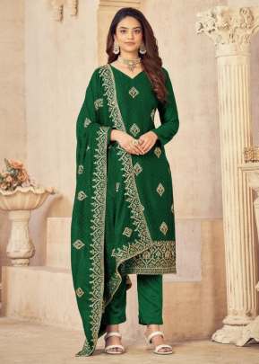 Fabulous Blooming Vichitra Embroidery Work Party Wear Salwar Suit  Green Color DN 118