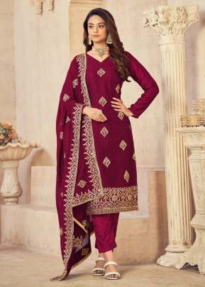 Fabulous Blooming Vichitra Embroidery Work Party Wear Salwar Suit Rani Color DN 118