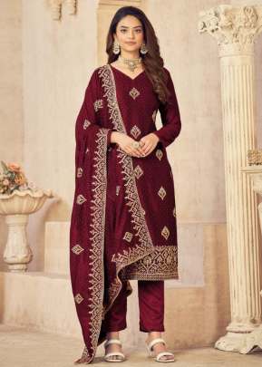 Fabulous Blooming Vichitra Embroidery Work Party Wear Salwar Suit Maroon Color DN 118