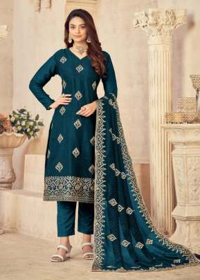 Fabulous Blooming Vichitra Embroidery Work Party Wear Salwar Suit Rama Color DN 118