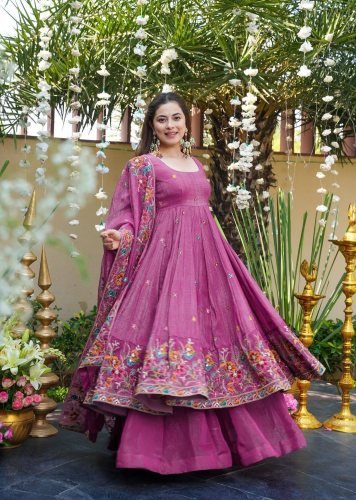 Fancy Anarkali Gown Dupatta Set Soft Crunchy Silk with Multi Embroidery And Sequins Work Dusty Rose Color LFH TD DN 6098