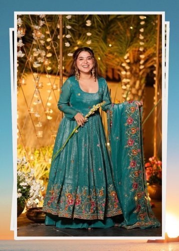Fancy Anarkali Gown Dupatta Set Soft Crunchy Silk with Multi Embroidery And Sequins Work Teal Greene Color LFH TD DN 6098
