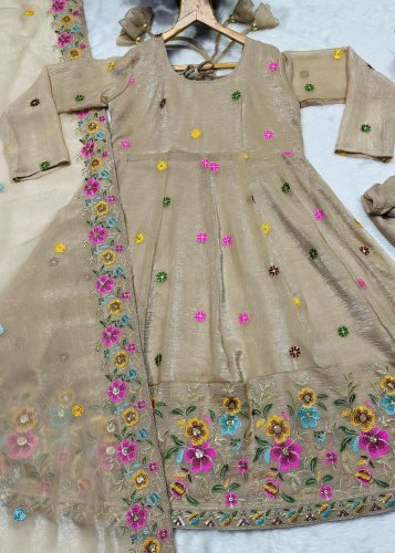 Fancy Anarkali Gown Dupatta Set Soft Crunchy Silk with Multi Embroidery And Sequins Work Beige Color LFH TD DN 6098