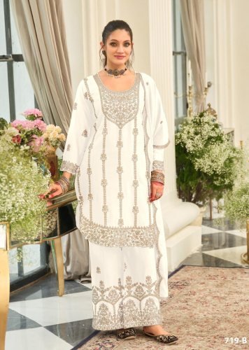  Fancy And  Designer  Chinon  With  Embroidery And Sequence Work Palazzo  Suit  White Color  DN 719