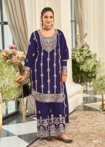  Fancy And  Designer  Chinon  With  Embroidery And Sequence Work Palazzo  Suit Purple Color  DN 719