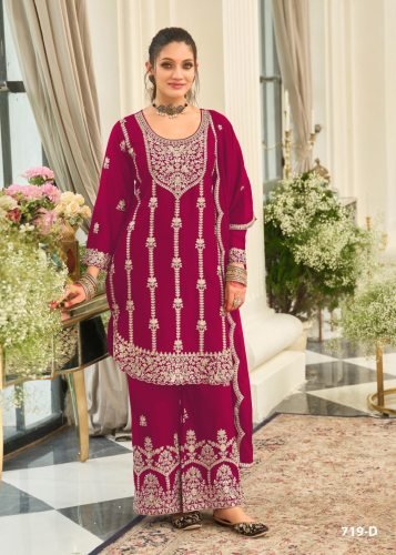  Fancy And  Designer  Chinon  With  Embroidery And Sequence Work Palazzo  Suit Magenta Color  DN 719