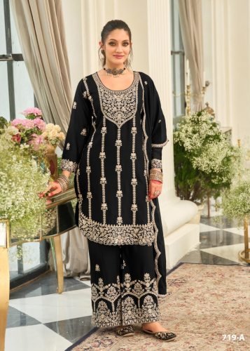  Fancy And  Designer  Chinon  With  Embroidery And Sequence Work Palazzo  Suit Black Color  DN 719