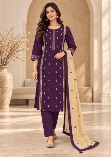 Fancy And Stylish Cambric Cotton With Embroidered  Sequence Work Readymade Suit Purple Color DN 4905