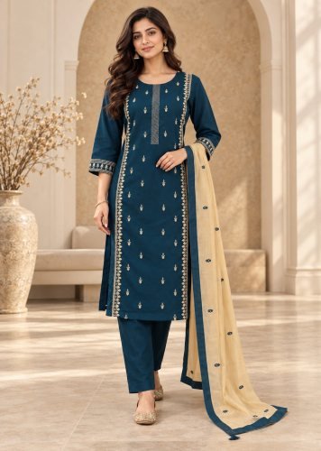 Fancy And Stylish Cambric Cotton With Embroidered  Sequence Work Readymade Suit Teal Blue Color DN 4905