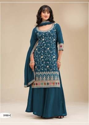 Fancy Blooming Vichitra With Heavy Embroidery Work And Sequence Work Palazzo Suit Teal Blue Color DN 3102