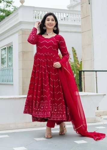 Fancy Designer Anarkali Gown Pent Dupatta Set Faux Georgette Fabric With Embroidery Work Red Color LFH TD DN 6149