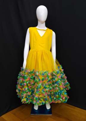 Fancy Designer Beautiful Machine Made Moti Work Rainbow Kids Frock Yellow Color DN 680