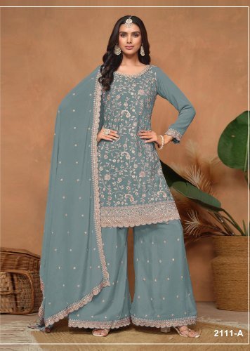 Fancy Designer DN 2111 Vichitra Silk With Heavy Embroidered Sequence Work Palazzo Suit Grey Color