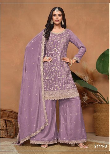 Fancy Designer DN 2111 Vichitra Silk With Heavy Embroidered Sequence Work Palazzo Suit Lavender Color