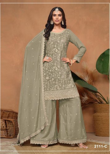 Fancy Designer DN 2111 Vichitra Silk With Heavy Embroidered Sequence Work Palazzo Suit Olive Green Color