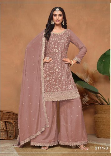 Fancy Designer DN 2111 Vichitra Silk With Heavy Embroidered Sequence Work Palazzo Suit Peach Color