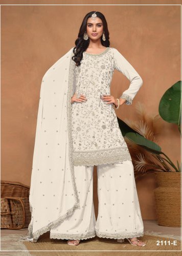 Fancy Designer DN 2111 Vichitra Silk With Heavy Embroidered Sequence Work Palazzo Suit White Color